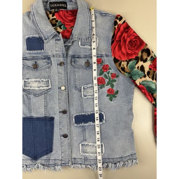 Talk of the Walk Denim Jacket L Frayed Hem Embroidered Roses Patchwork Leopard - Picture 4 of 10